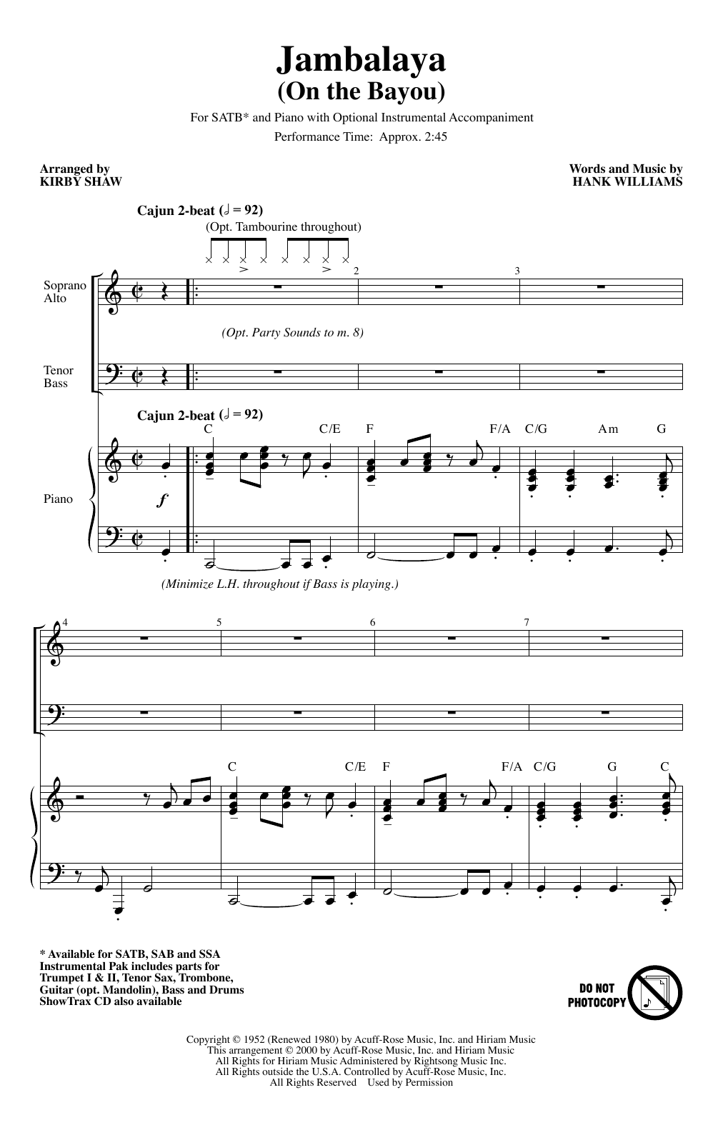 Hank Williams Jambalaya (On The Bayou) (arr. Kirby Shaw) Sheet Music