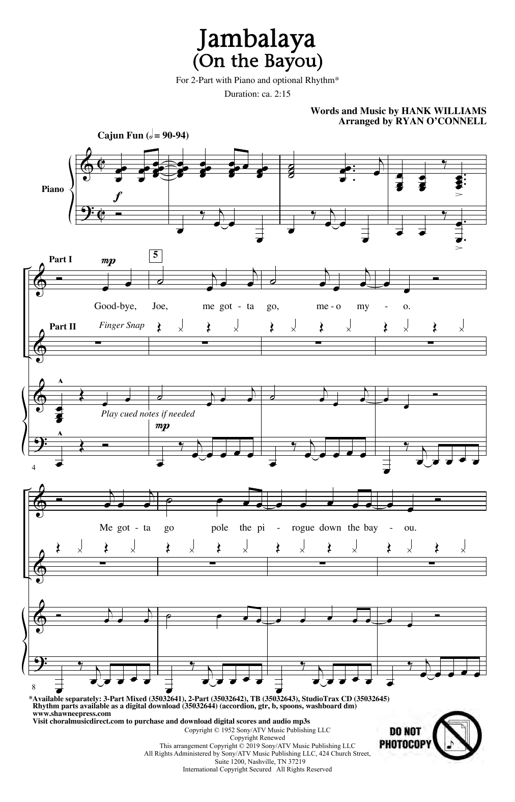 Hank Williams Jambalaya (On The Bayou) (arr. Ryan O'Connell) Sheet Music