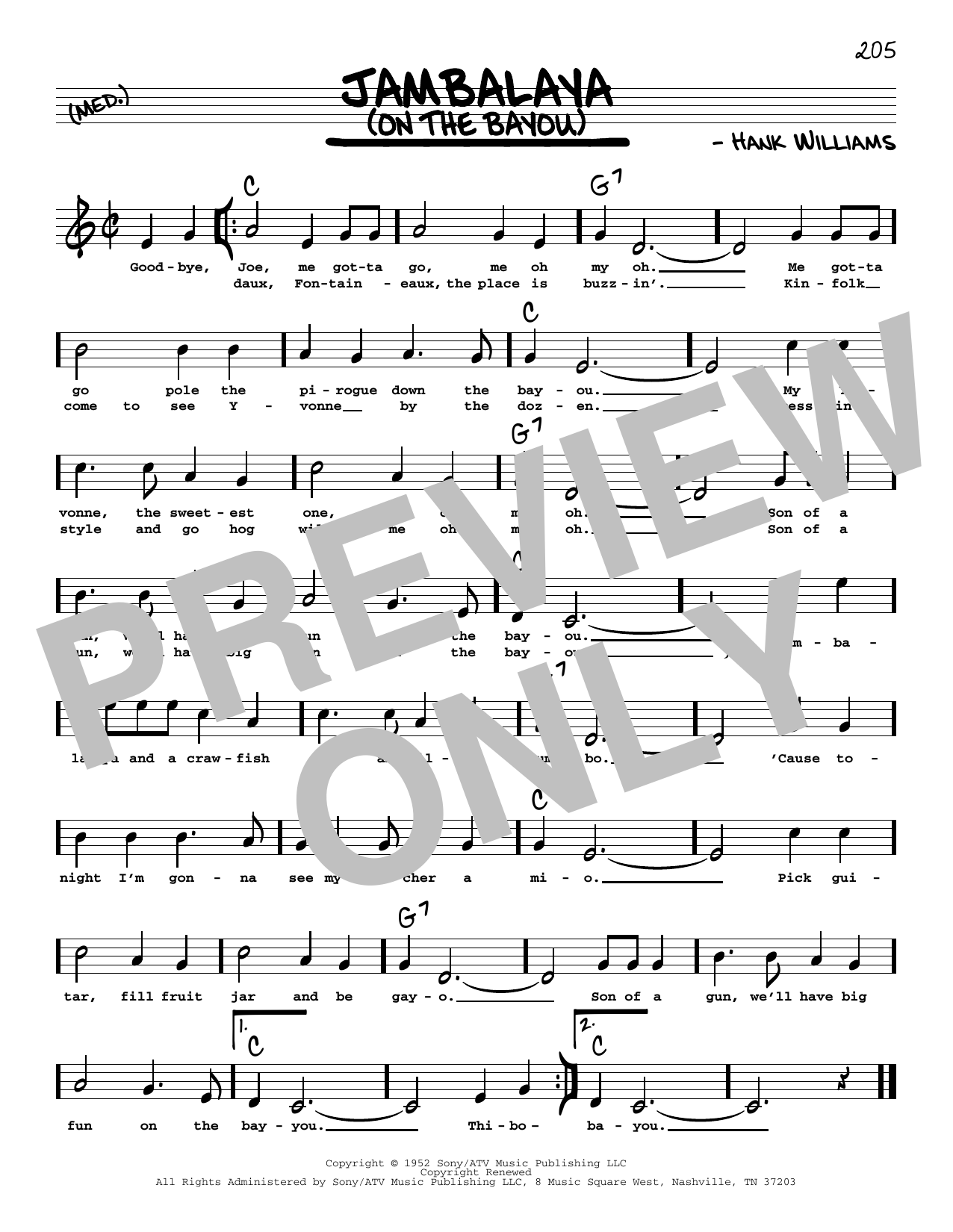 Hank Williams Jambalaya (On The Bayou) (High Voice) Sheet Music