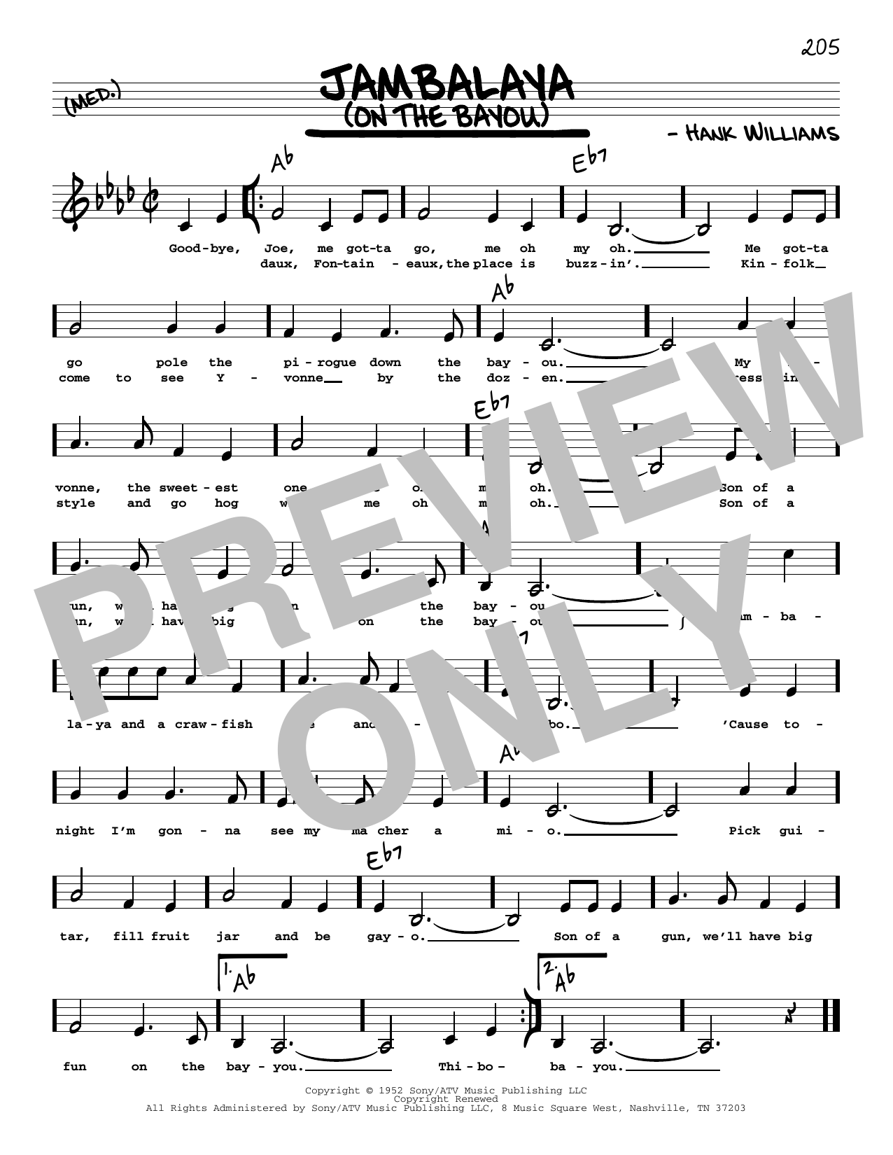 Hank Williams Jambalaya (On The Bayou) (Low Voice) Sheet Music