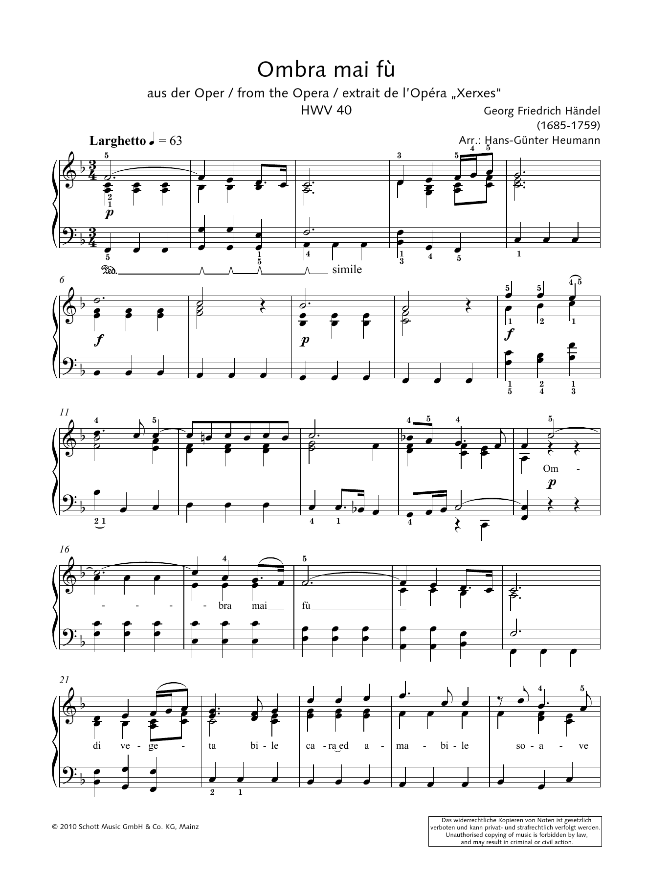 Hans-Gunter Heumann Ombra mai fu Sheet Music