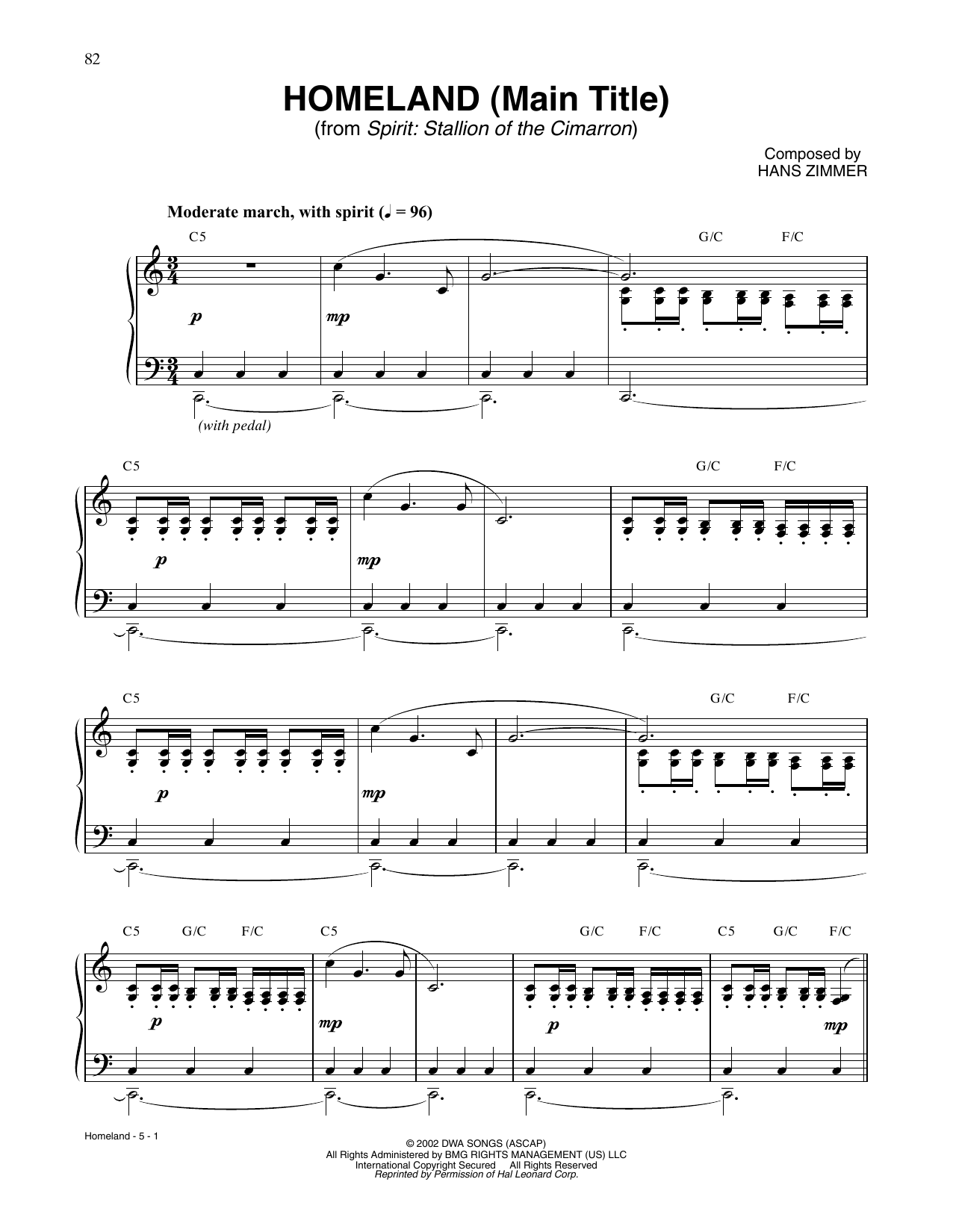 Hans Zimmer Homeland (Main Title) (from Spirit: Stallion Of The Cimarron) Sheet Music