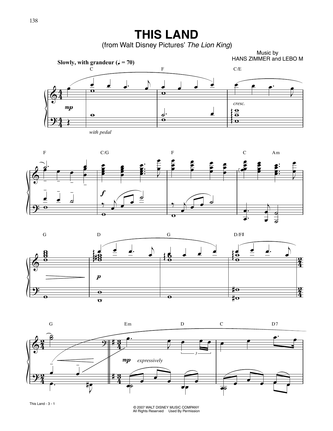 Hans Zimmer This Land (from The Lion King) Sheet Music