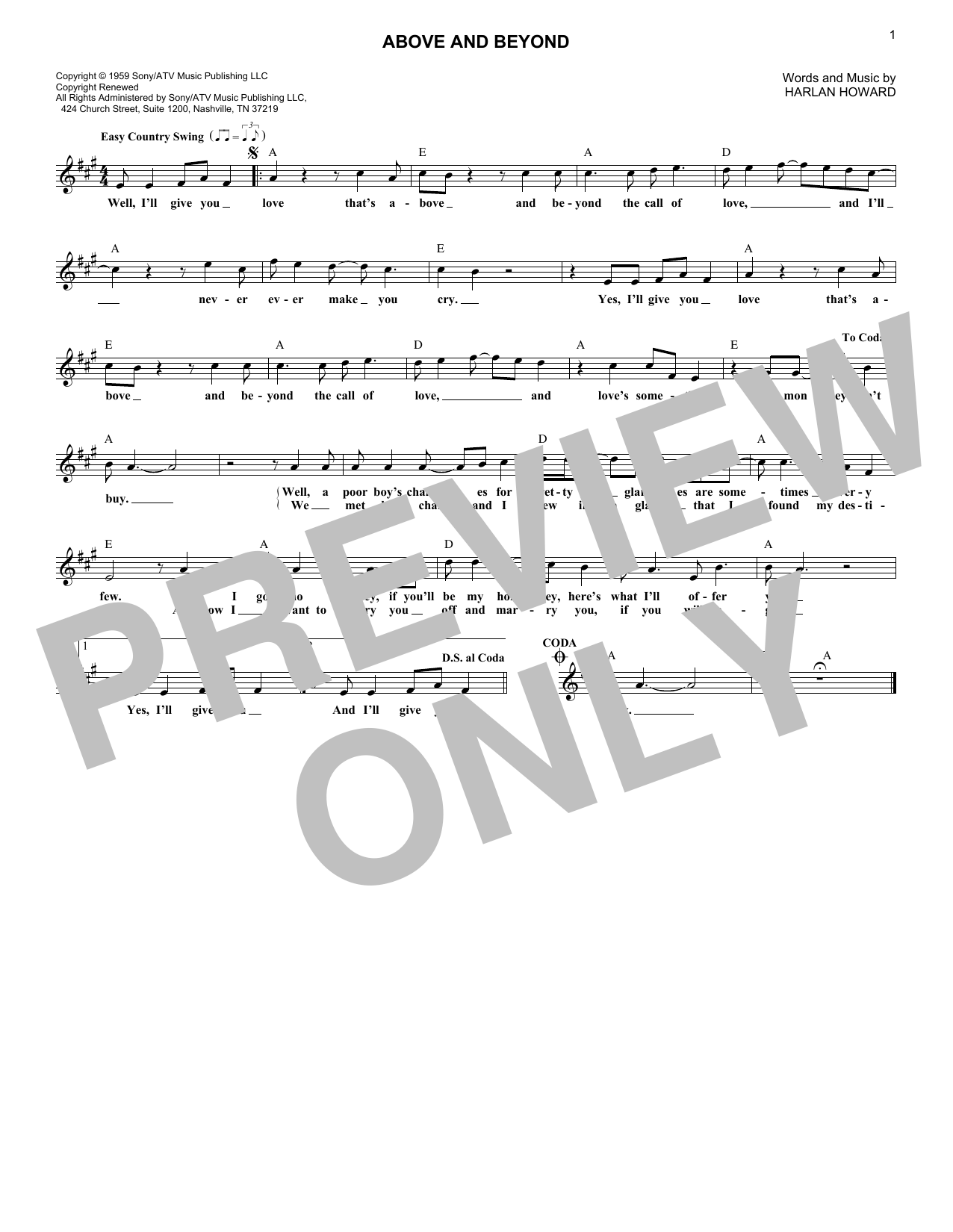 Harlan Howard Above And Beyond Sheet Music