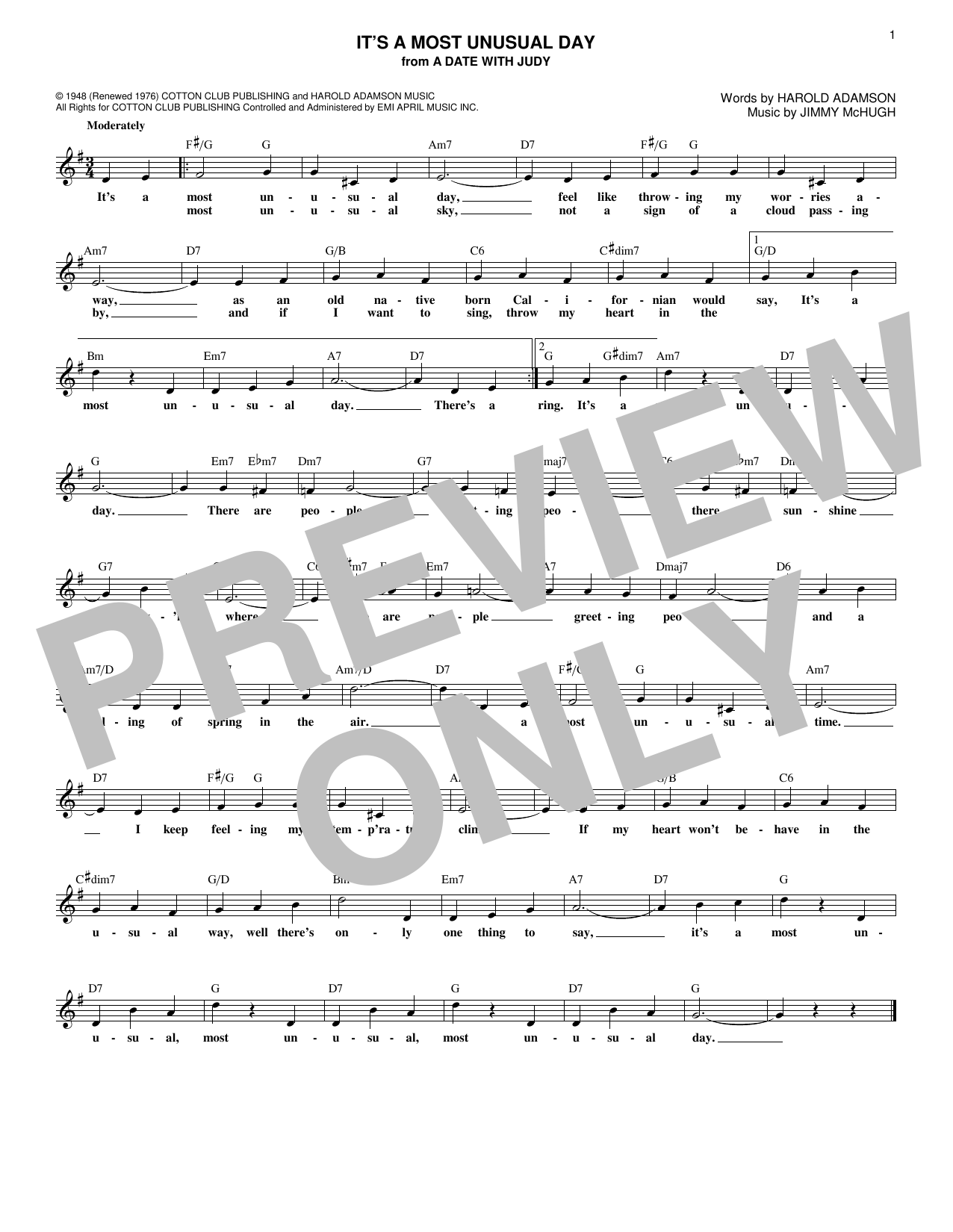 Harold Adamson and Jimmy McHugh It's A Most Unusual Day (from A Date With Judy) Sheet Music