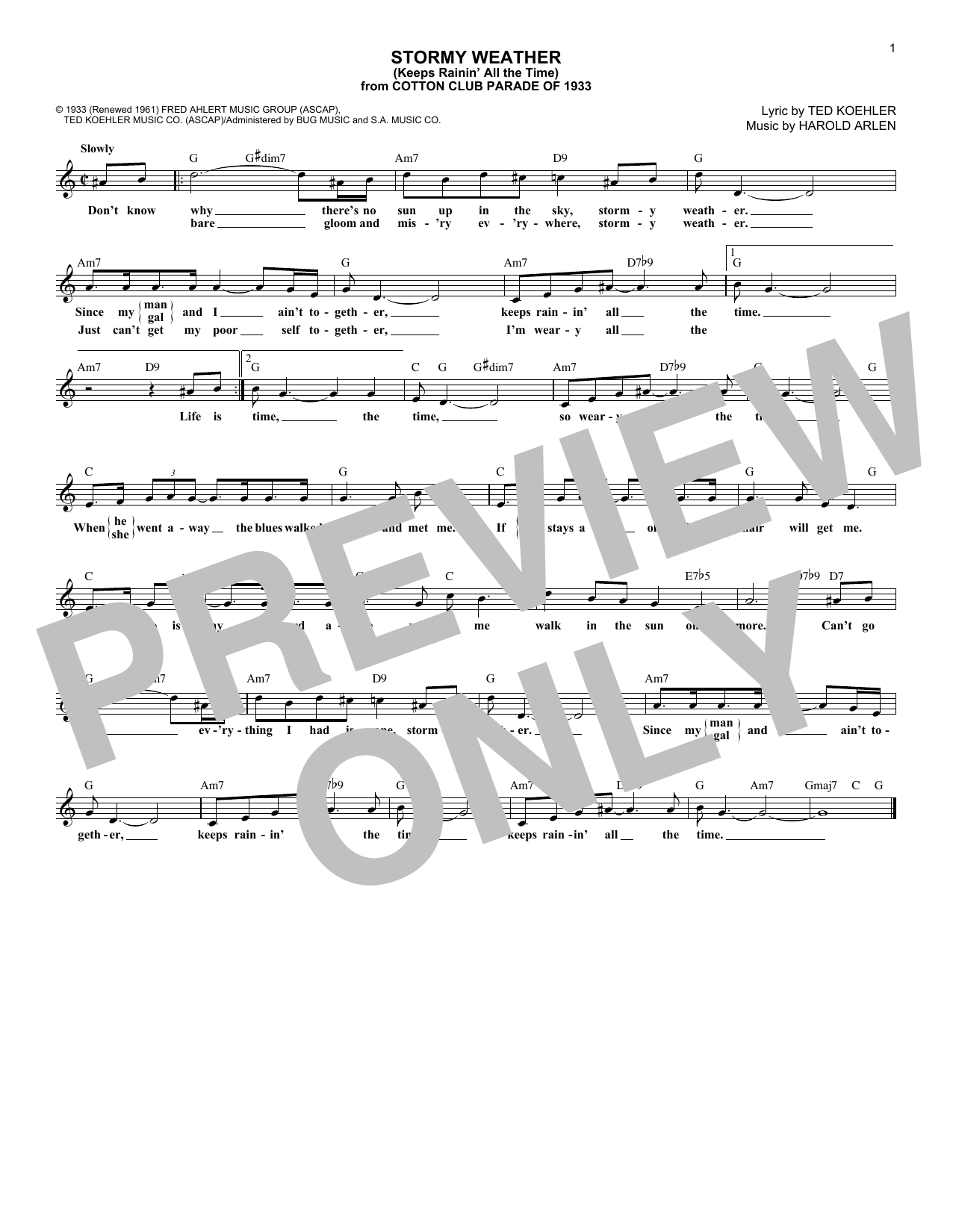 Harold Arlen and Ted Koehler Stormy Weather (Keeps Rainin' All The Time) Sheet Music