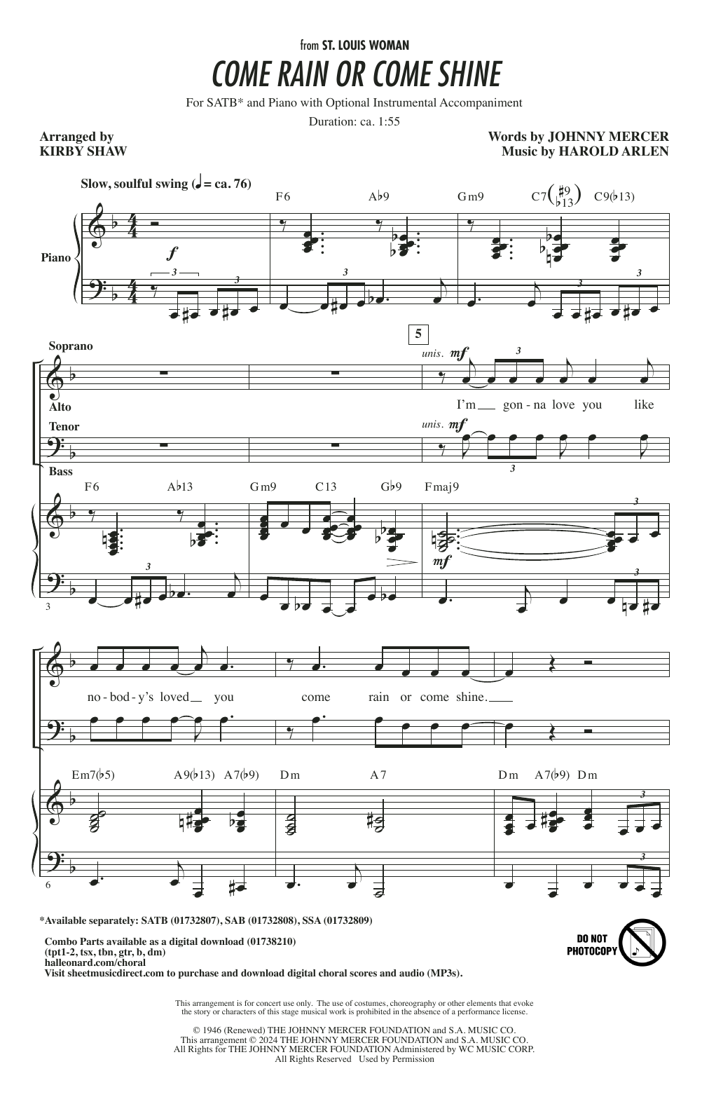 Harold Arlen Come Rain Or Come Shine (arr. Kirby Shaw) Sheet Music