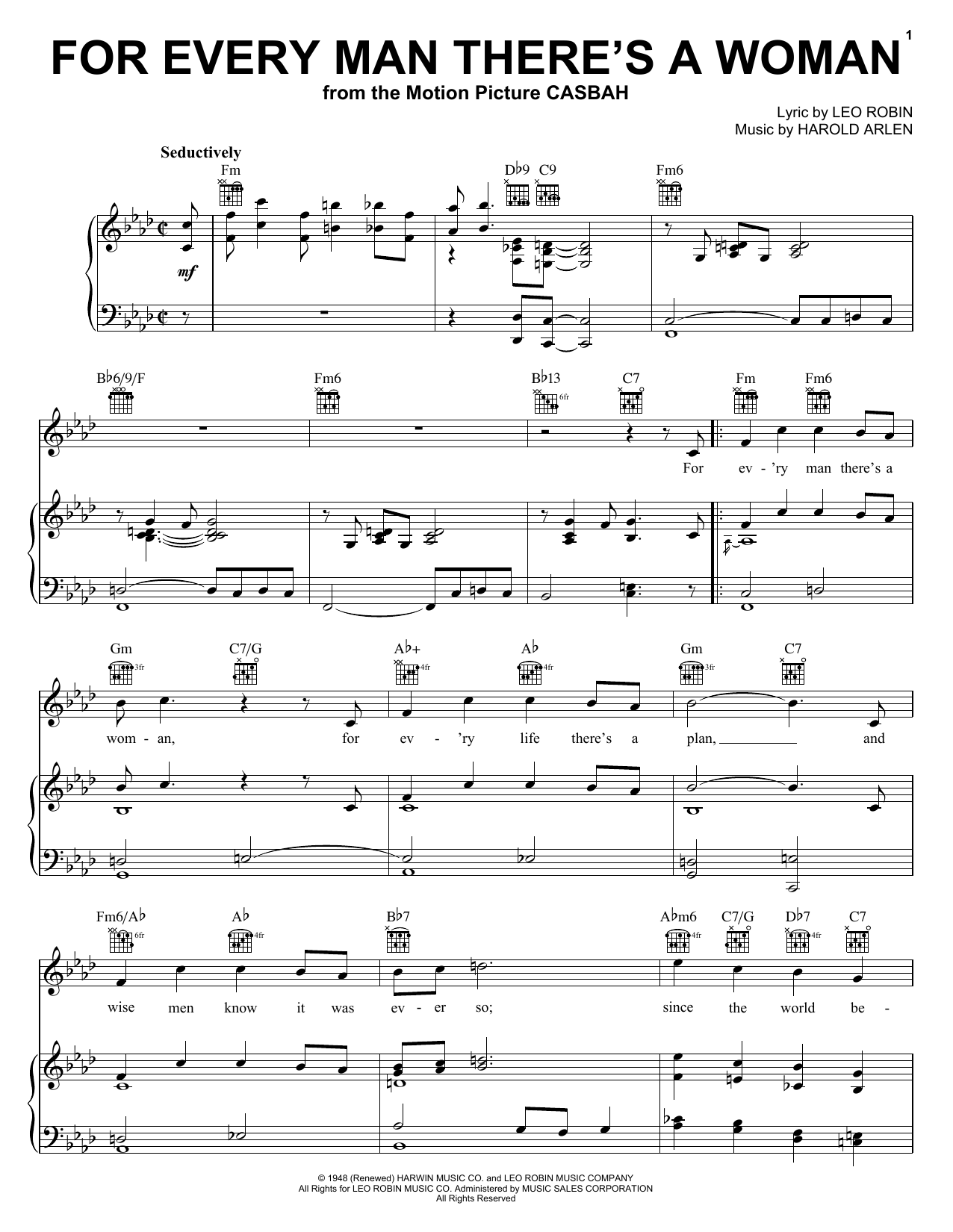 Harold Arlen For Every Man There's A Woman Sheet Music