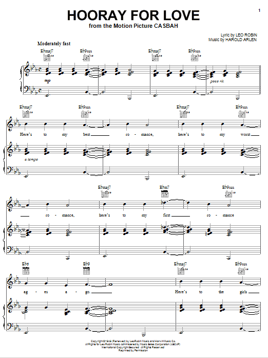 Harold Arlen Hooray For Love Sheet Music