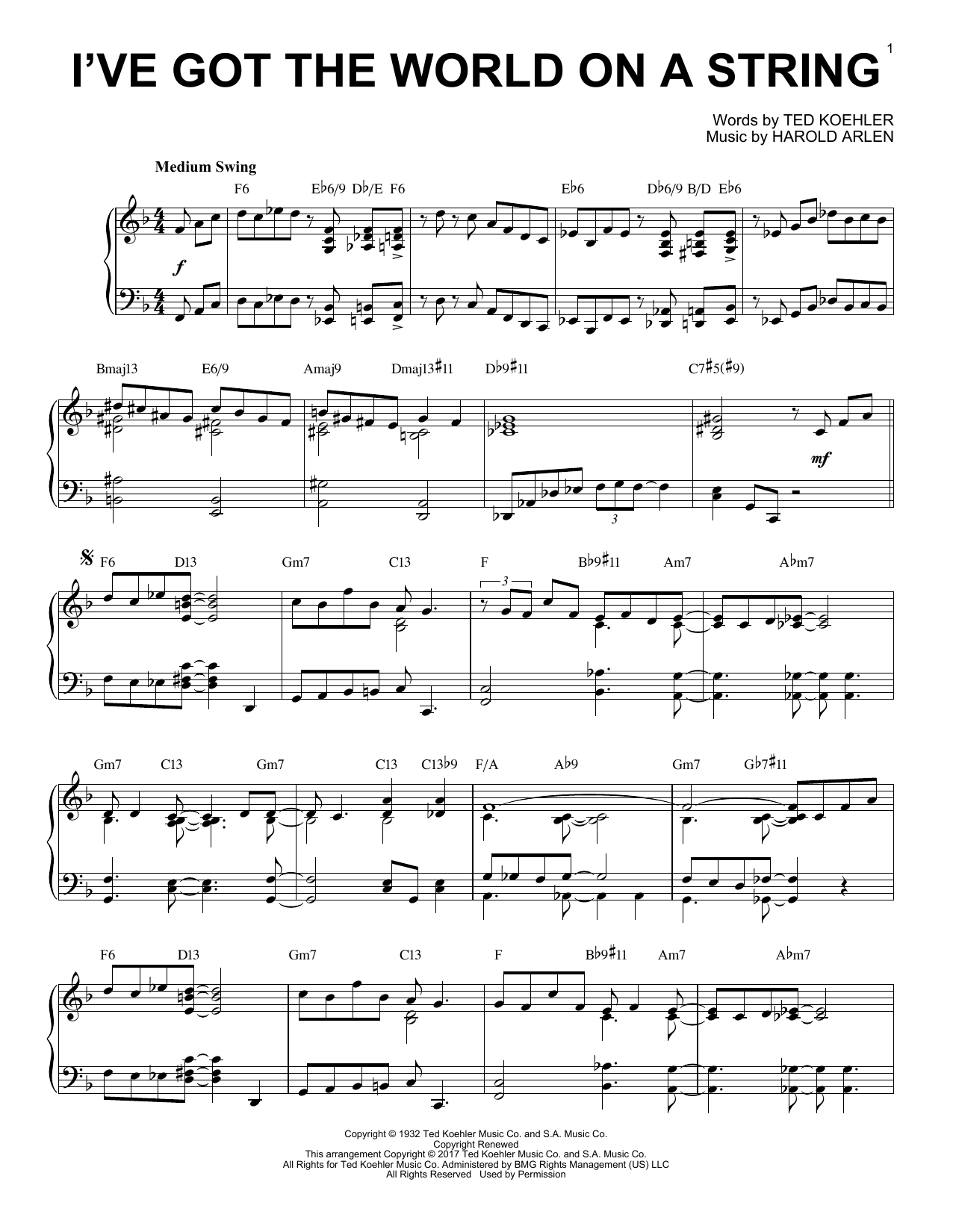Harold Arlen I've Got The World On A String [Jazz version] Sheet Music