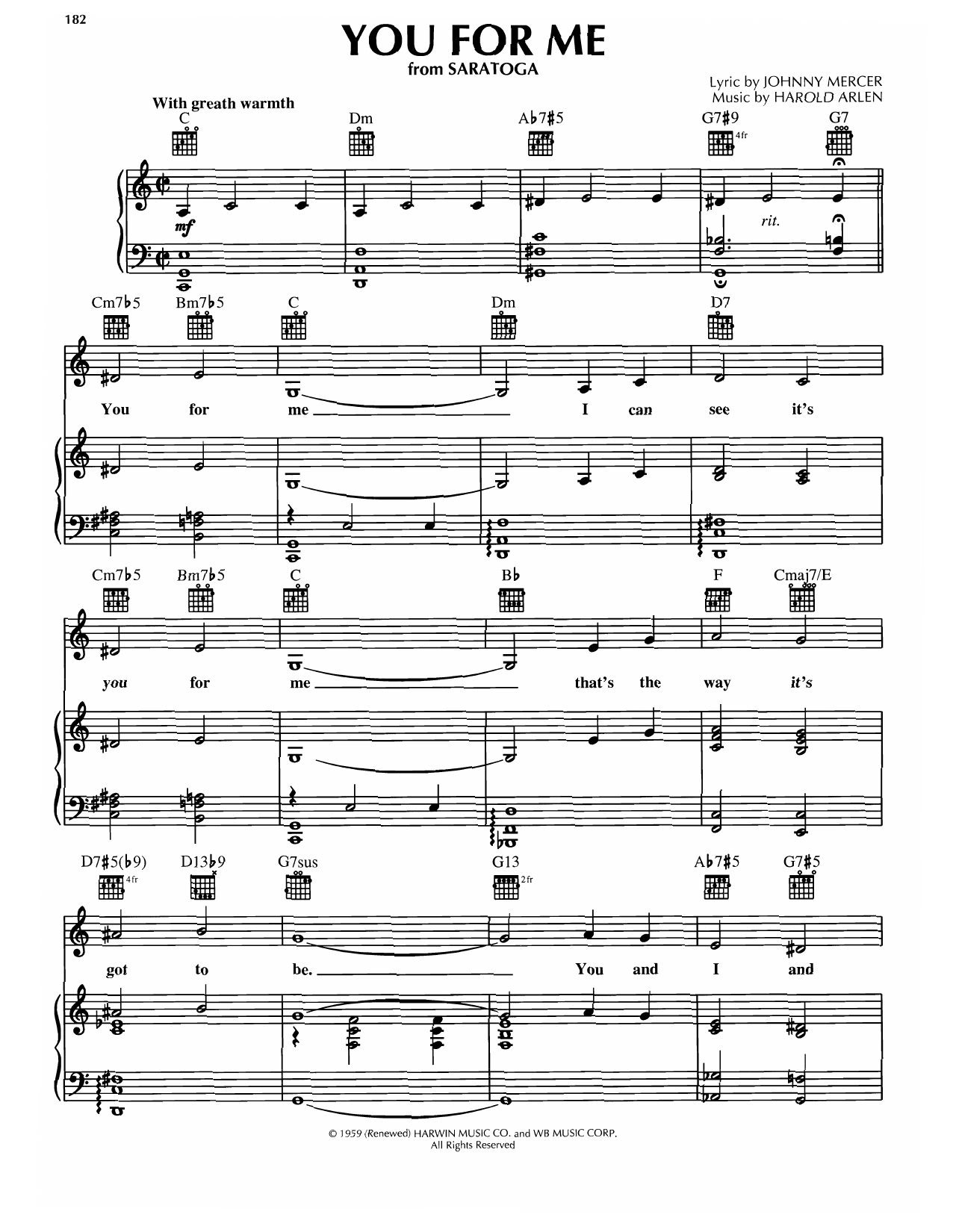 Harold Arlen You For Me (from Saratoga) Sheet Music