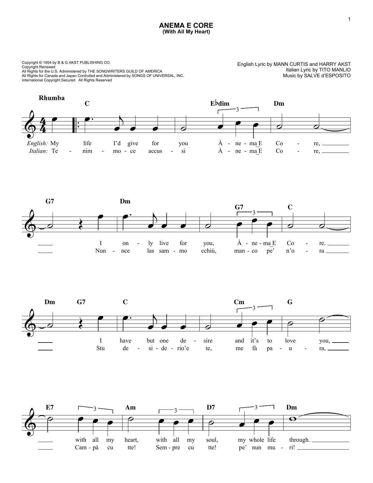 Harry Akst Anema E Core (With All My Heart) Sheet Music