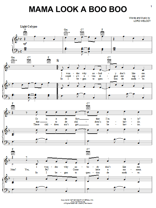 Harry Belafonte Mama Look A Boo Boo Sheet Music
