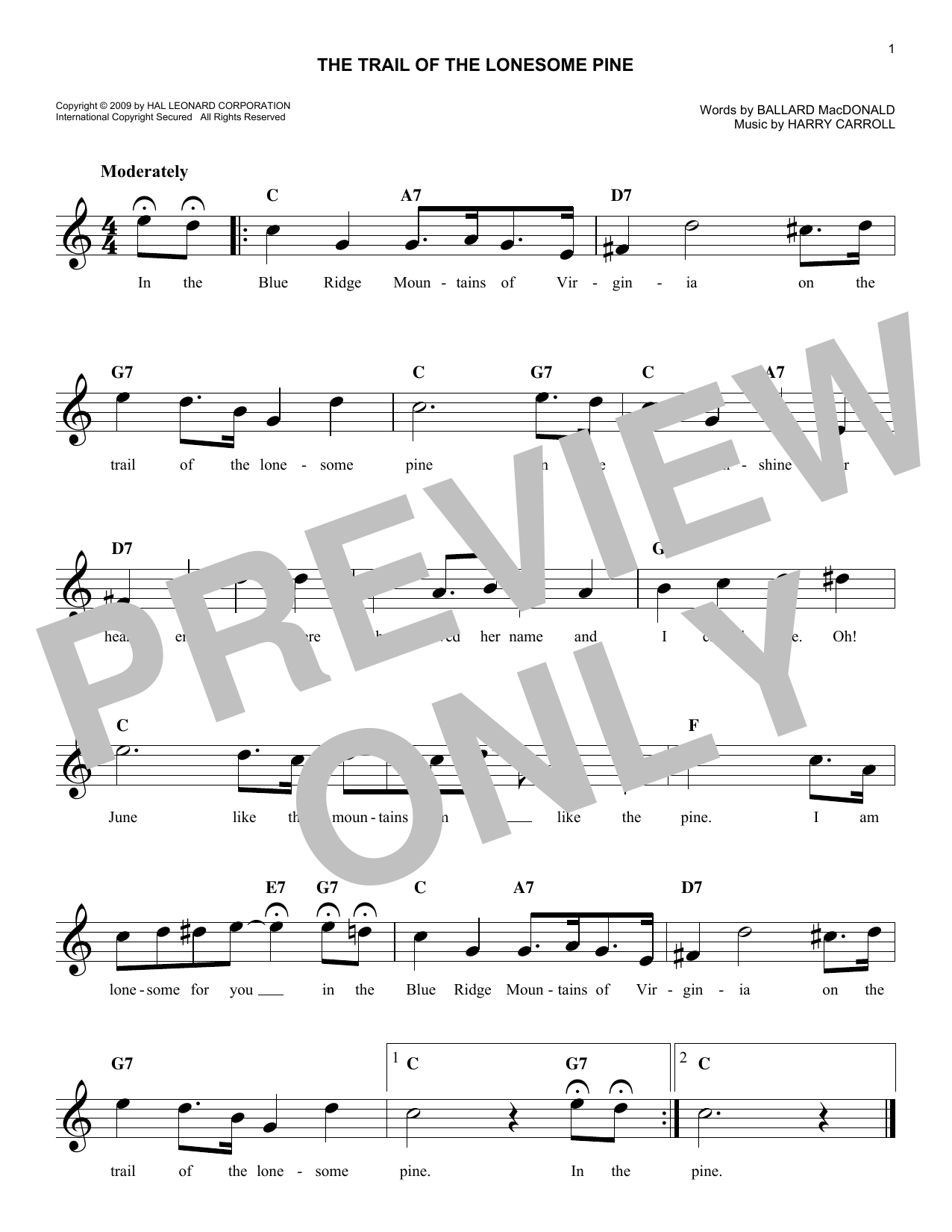 Harry Carroll The Trail Of The Lonesome Pine Sheet Music