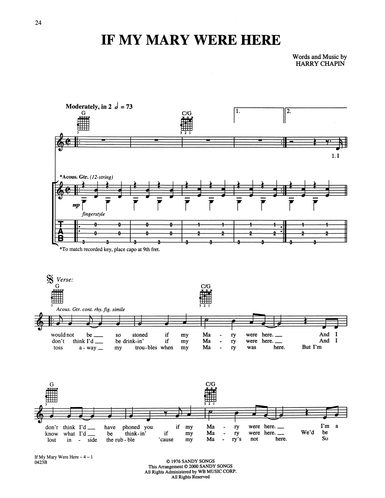 Harry Chapin If My Mary Were Here Sheet Music