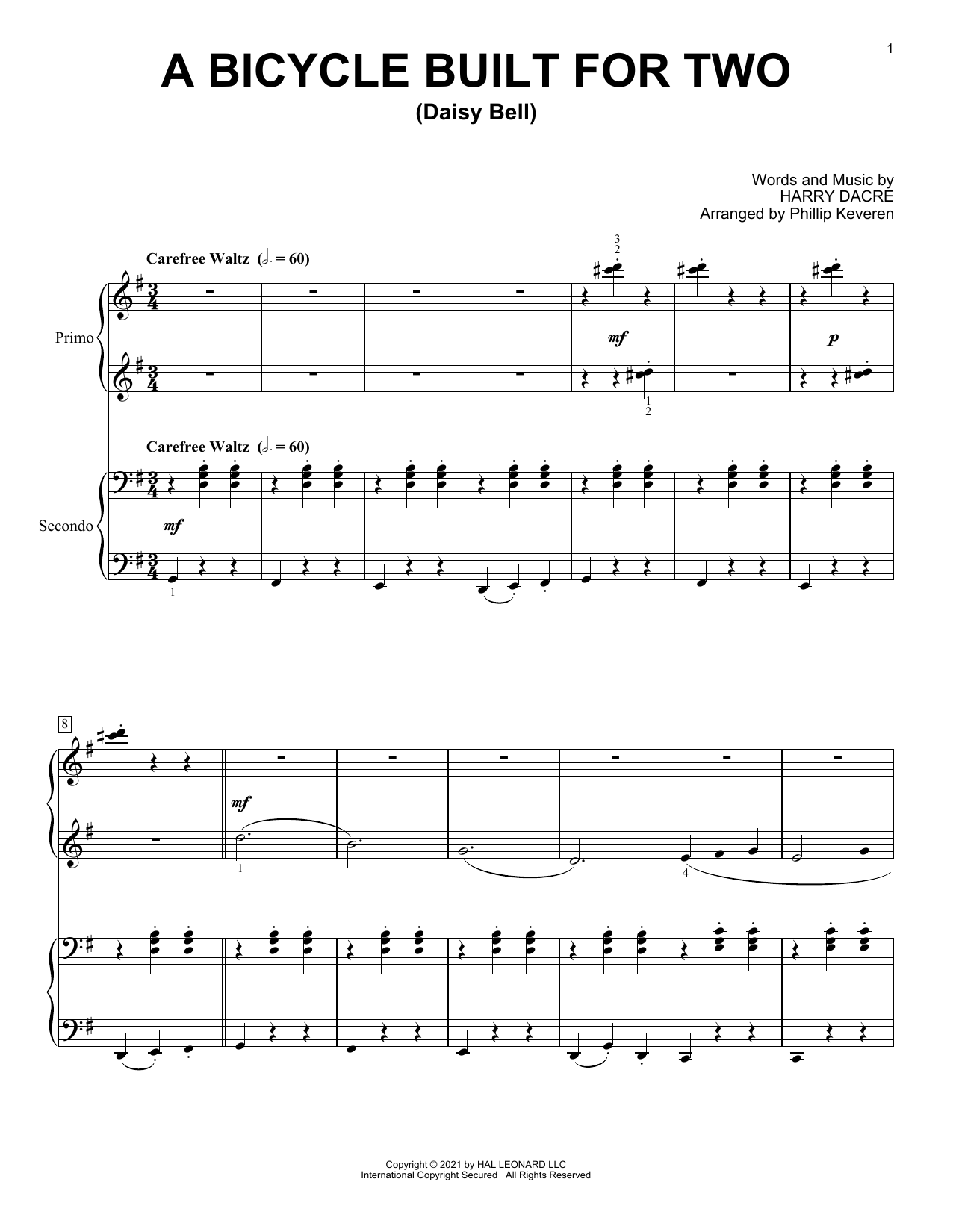 Harry Dacre A Bicycle Built For Two (Daisy Bell) (arr. Phillip Keveren) Sheet Music