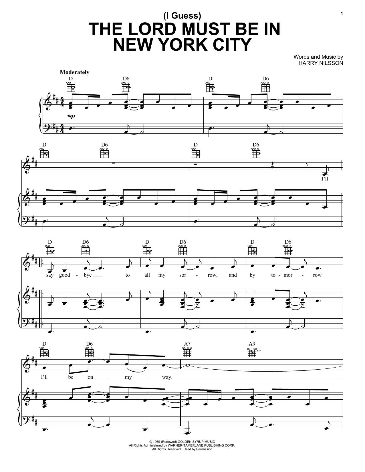 Harry Nilsson (I Guess) The Lord Must Be In New York City Sheet Music