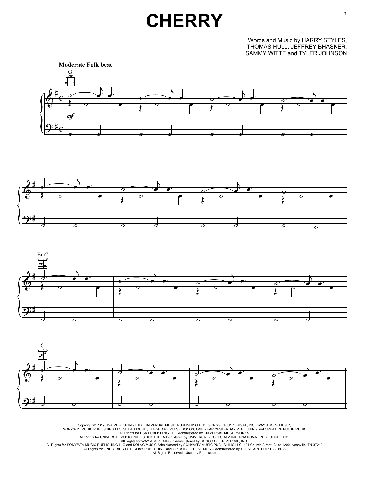 Harry Styles Cherry Sheet Music