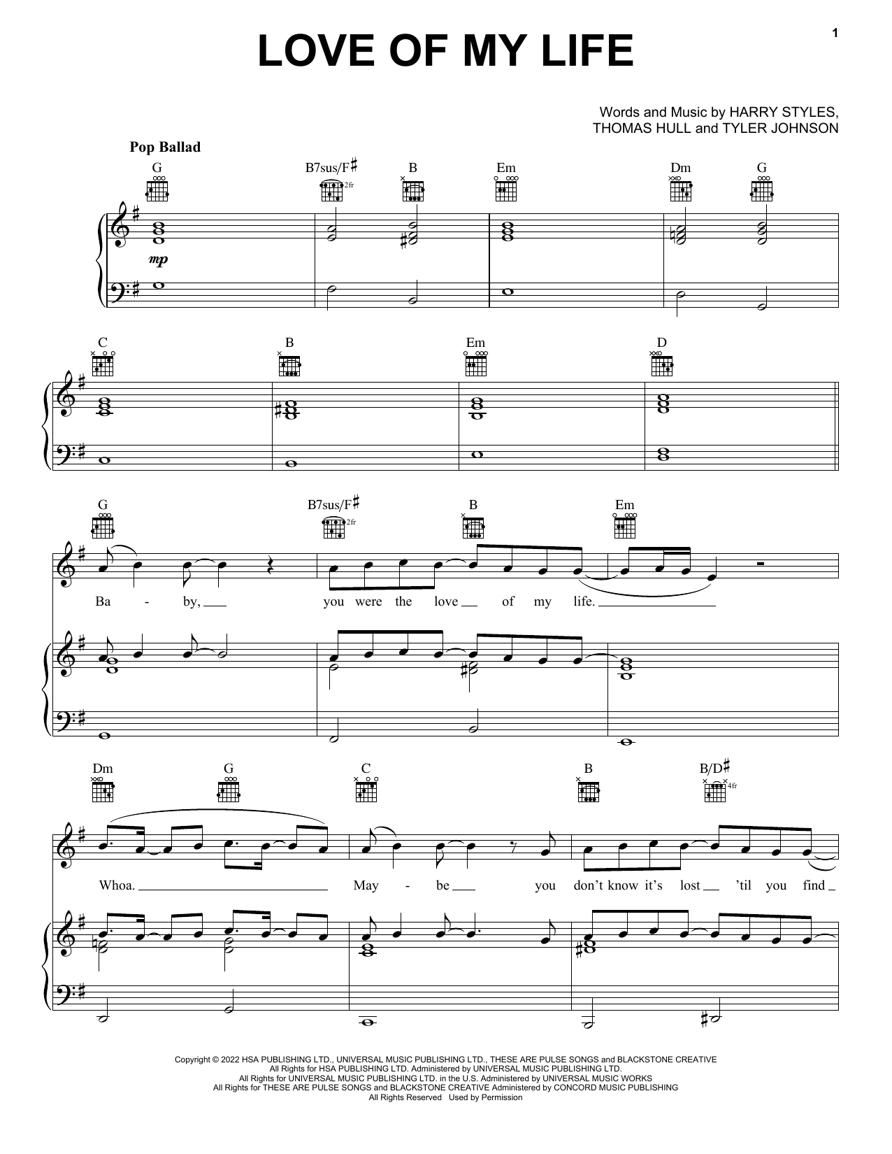 Harry Styles Love Of My Life Sheet Music