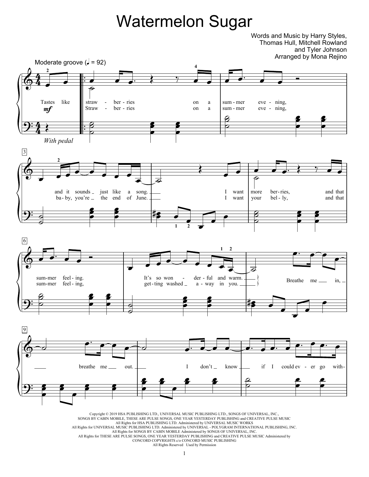 Harry Styles Watermelon Sugar (arr. Mona Rejino) Sheet Music