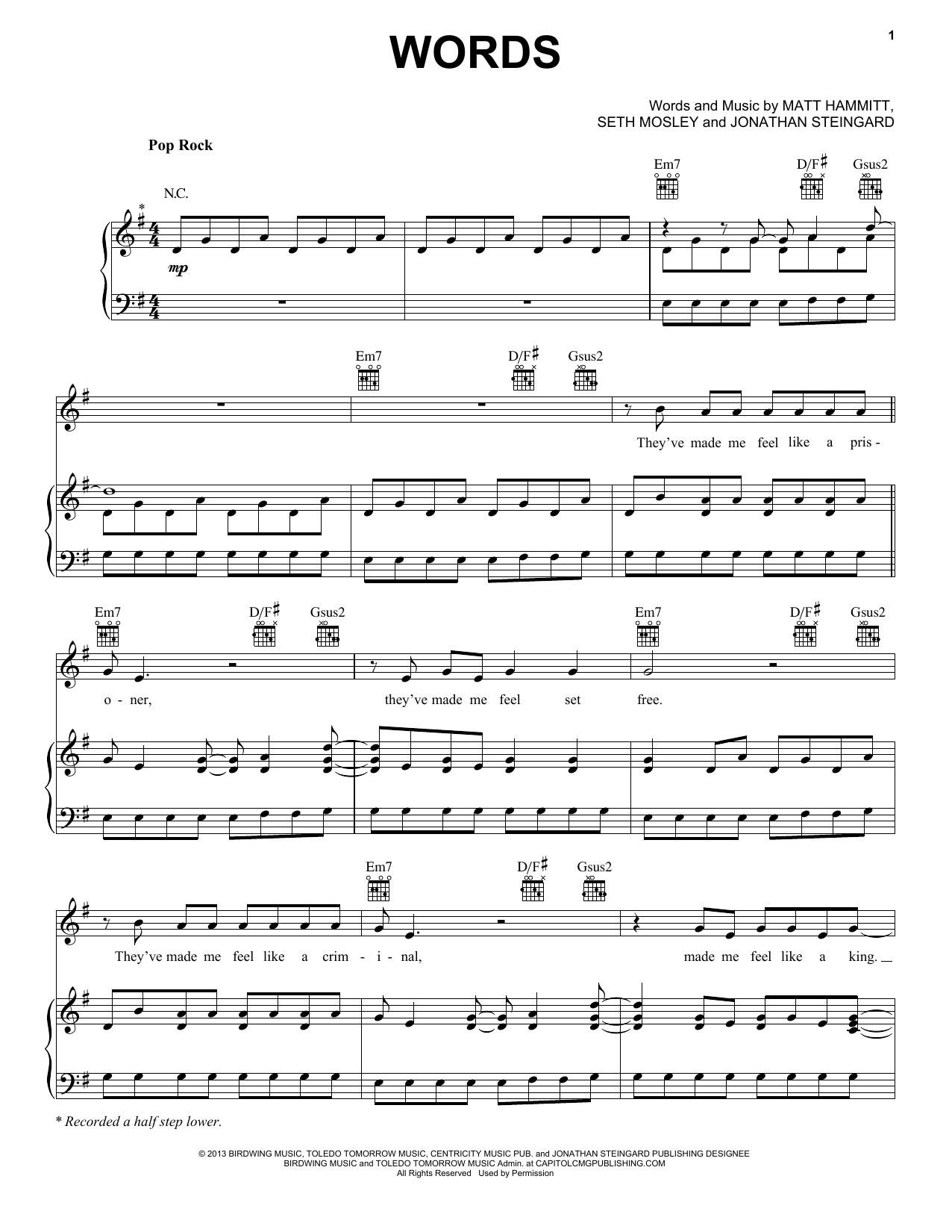 Hawk Nelson Words Sheet Music