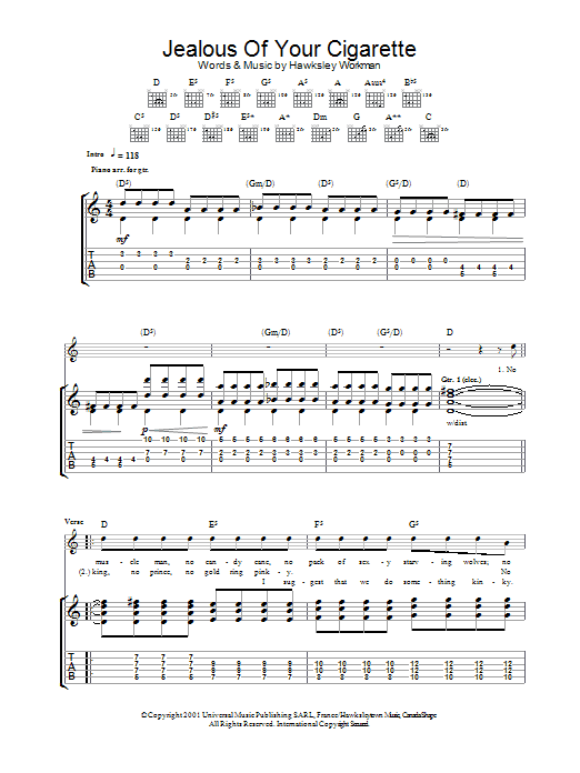 Hawksley Workman Jealous Of Your Cigarette Sheet Music