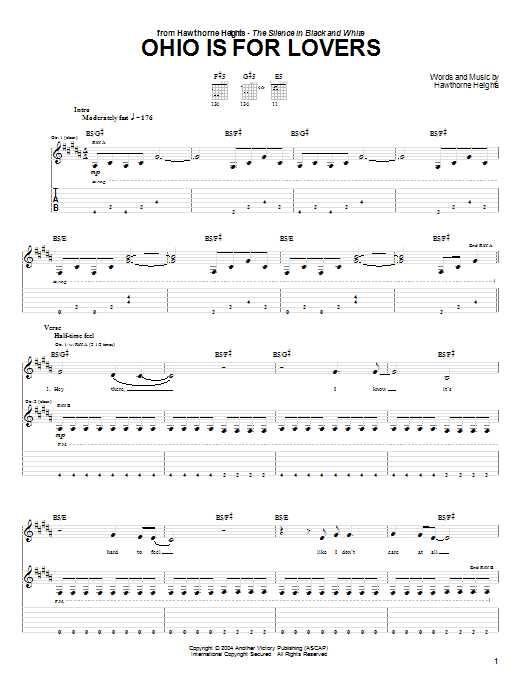 Hawthorne Heights Ohio Is For Lovers Sheet Music