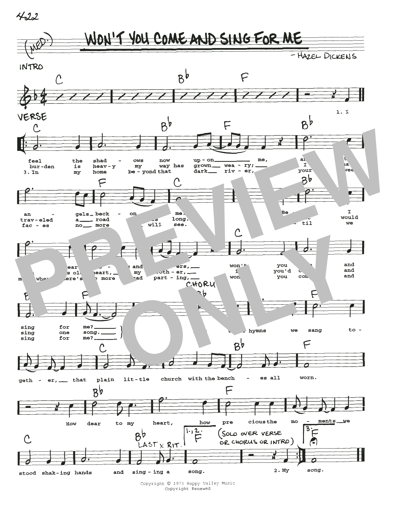Hazel Dickens Won't You Come And Sing For Me Sheet Music