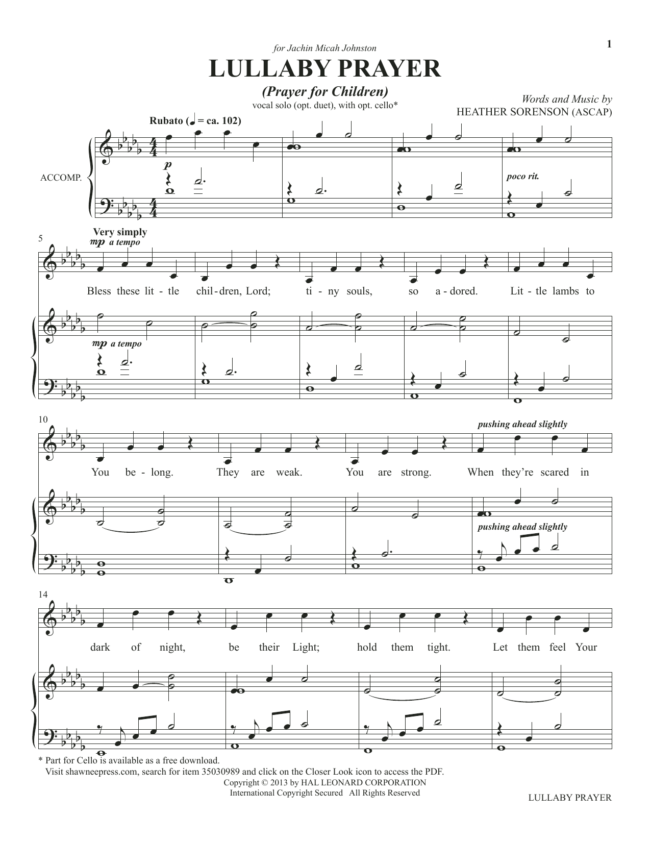 Heather Sorenson Lullaby Prayer (A Prayer For Children) (from The Prayer Project) Sheet Music