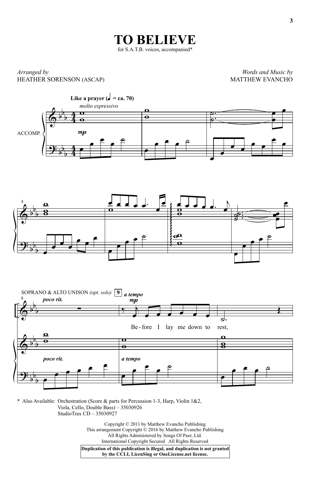 Heather Sorenson To Believe Sheet Music