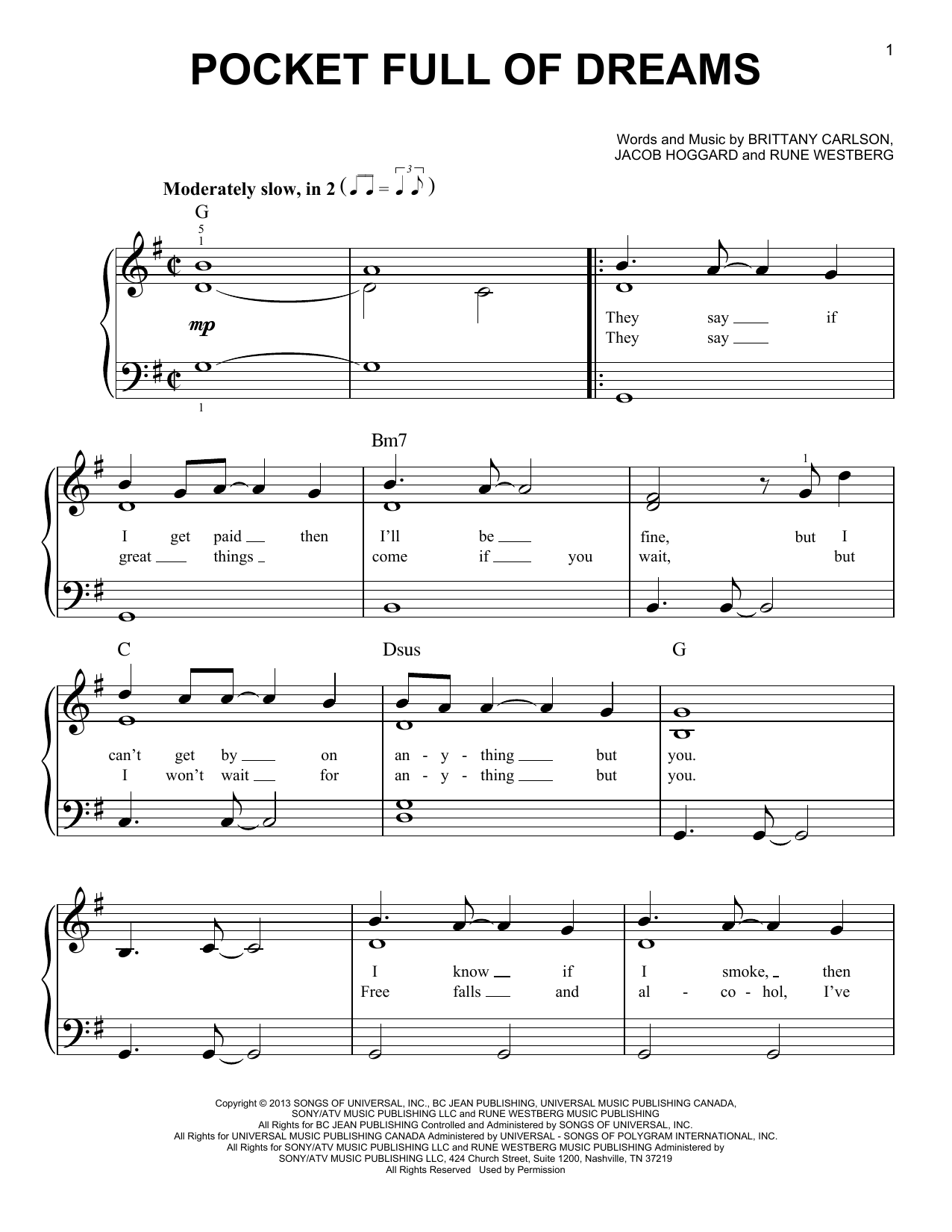 Hedley Pocket Full Of Dreams Sheet Music