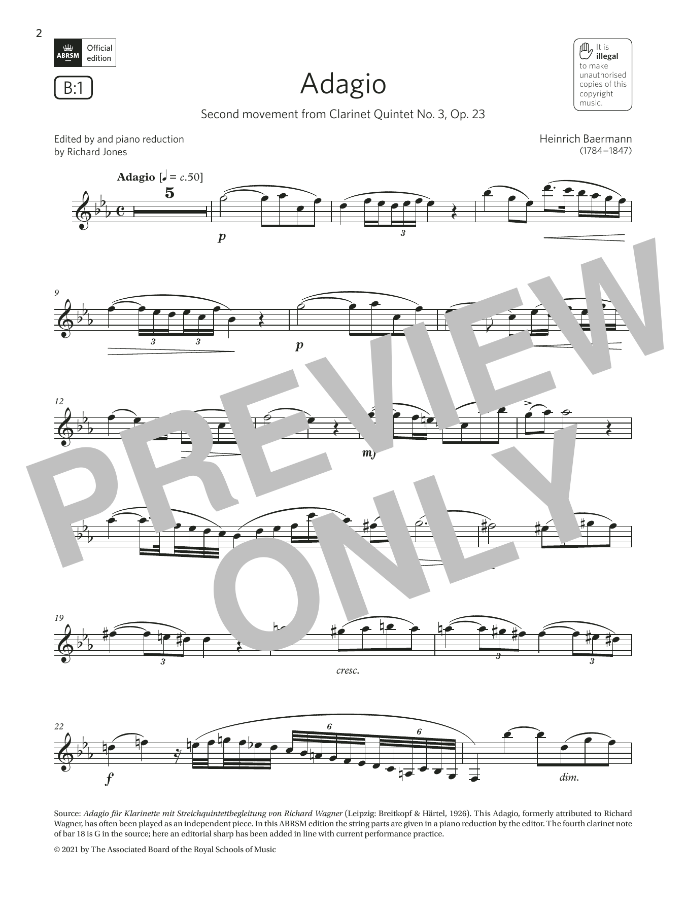 Heinrich Baermann Adagio (from Clarinet Quintet No. 3) (Grade 6 List B1 from the ABRSM Clarinet sy Sheet Music