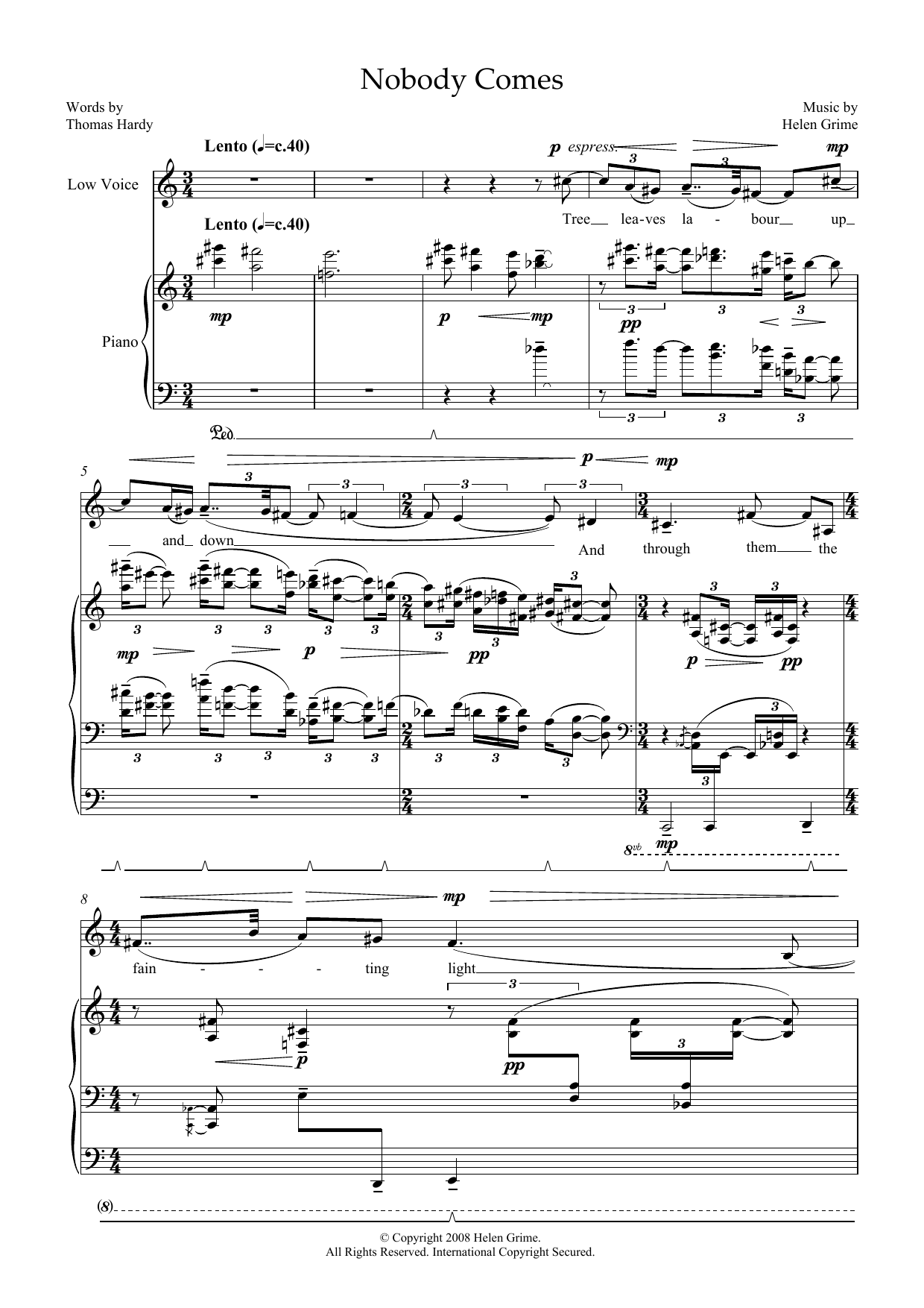 Helen Grime Nobody Comes (for low voice and piano) Sheet Music