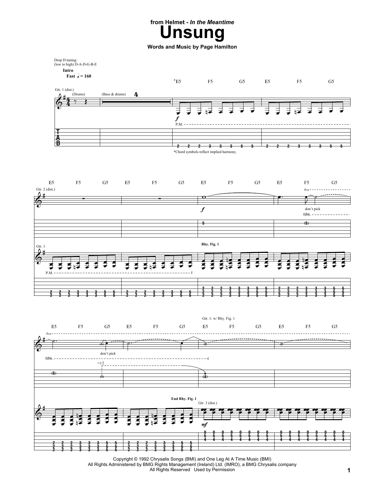 Helmet Unsung Sheet Music