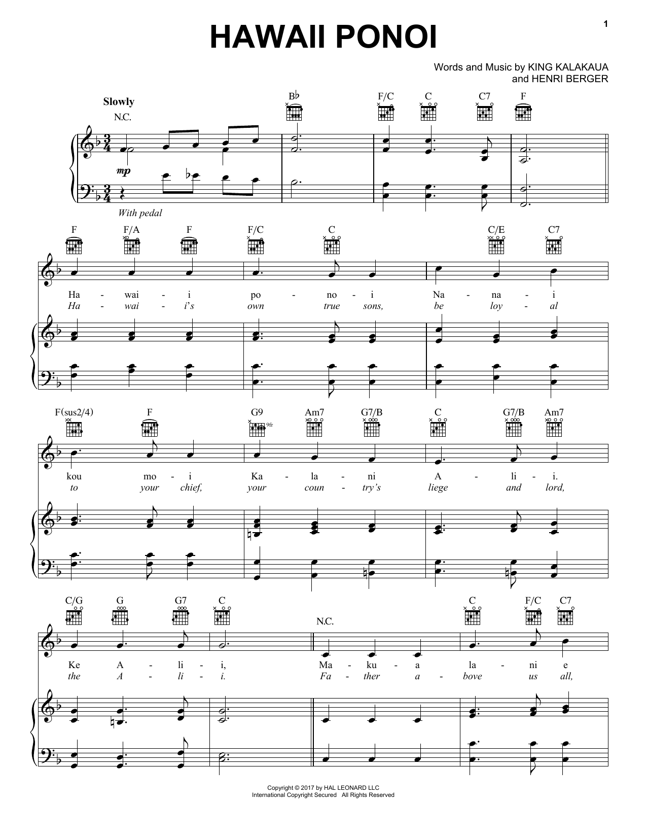 Henri Berger Hawaii Ponoi Sheet Music