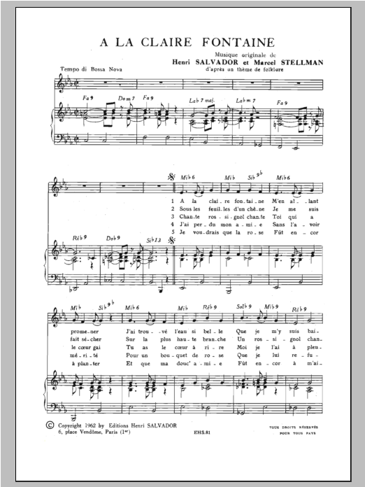 Henri Salvador A La Claire Fontaine Sheet Music