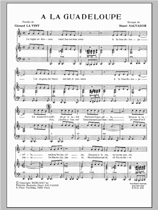 Henri Salvador A La Guadeloupe Sheet Music