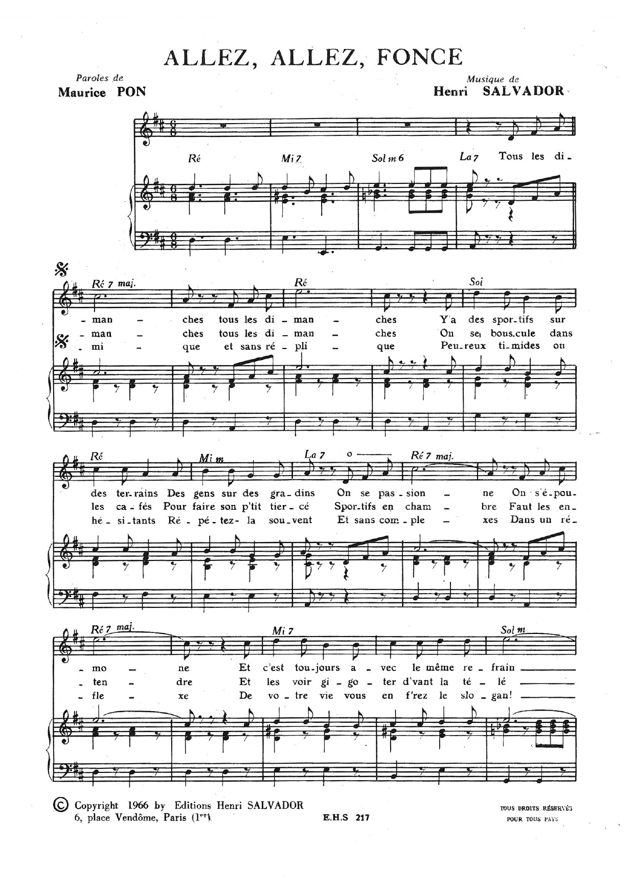 Henri Salvador Allez Allez Fonce Sheet Music