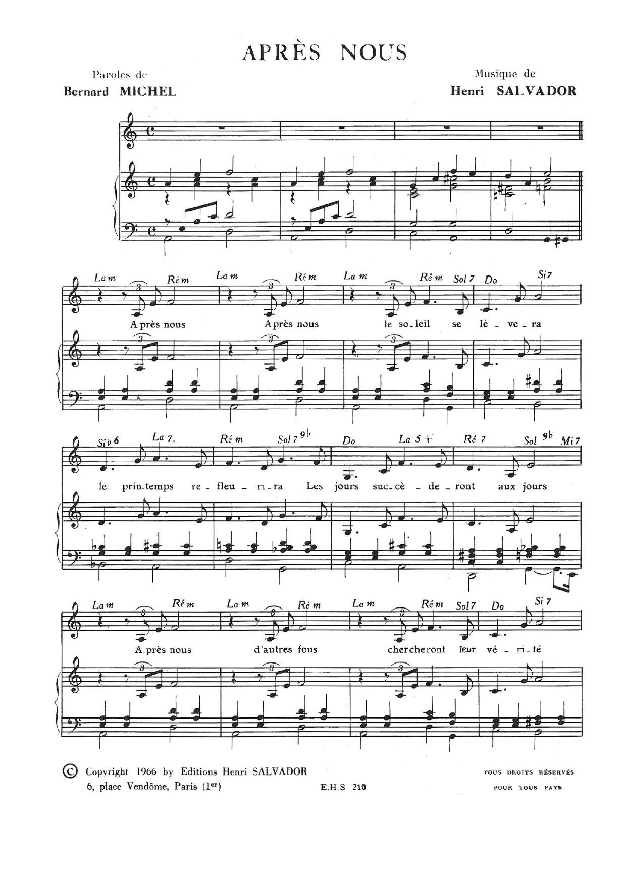 Henri Salvador Apres Nous Sheet Music