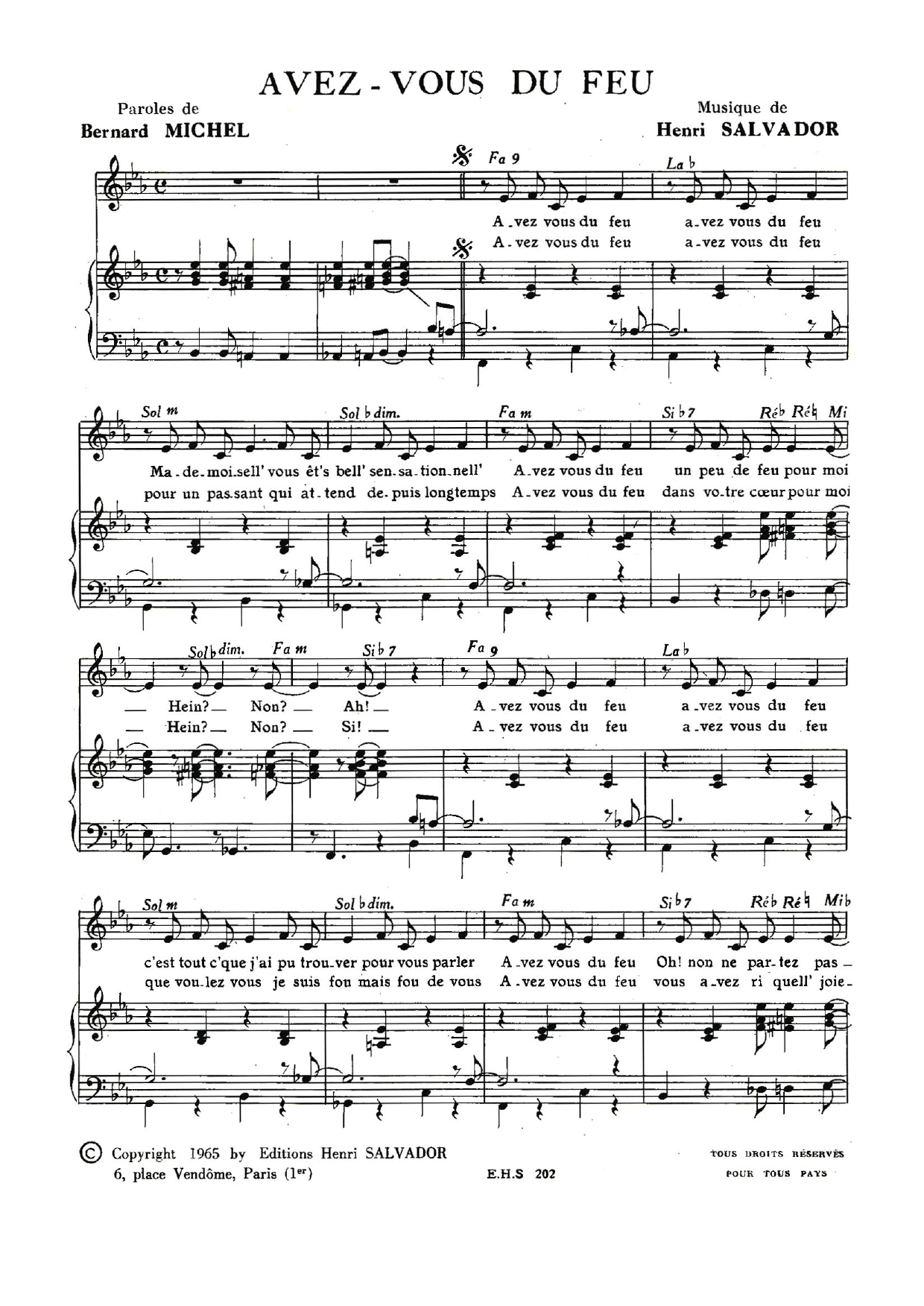 Henri Salvador Avez Vous Du Feu Sheet Music