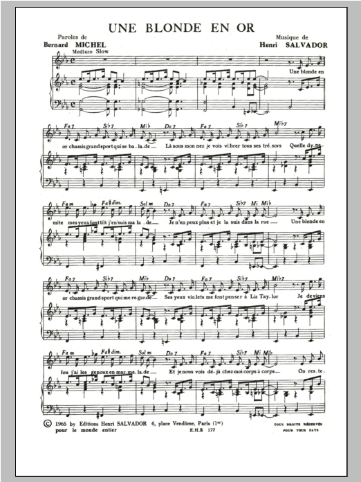 Henri Salvador Blonde En Or Sheet Music