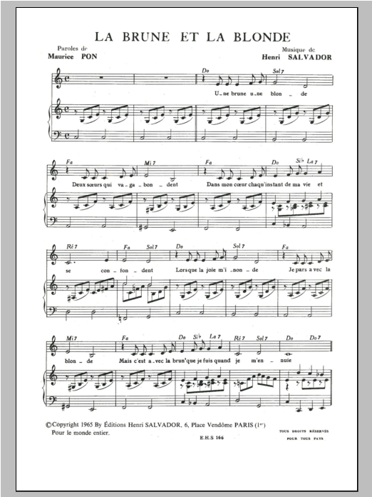 Henri Salvador Brune Et La Blonde Sheet Music