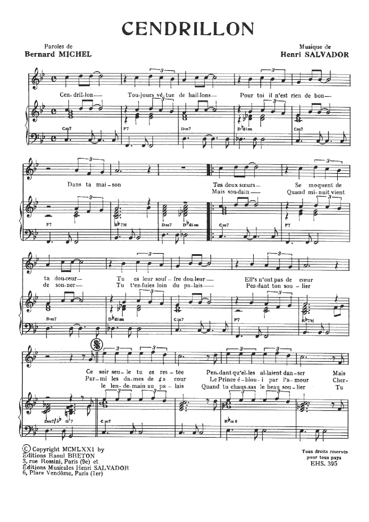 Henri Salvador Cendrillon Sheet Music