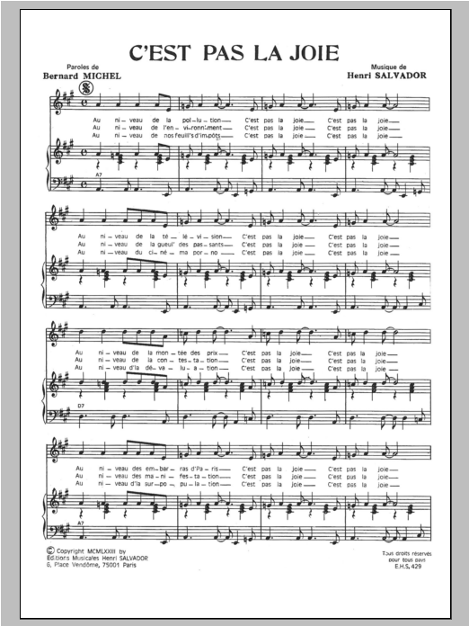 Henri Salvador C'est Pas La Joie Sheet Music