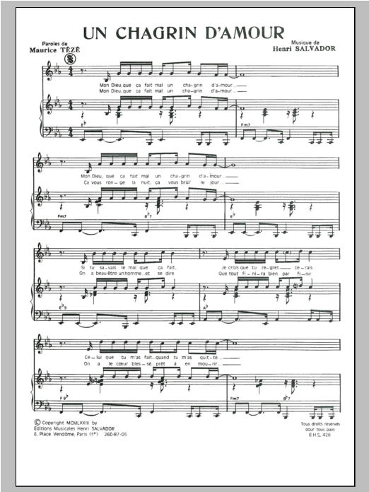 Henri Salvador Chagrin D'amour Sheet Music