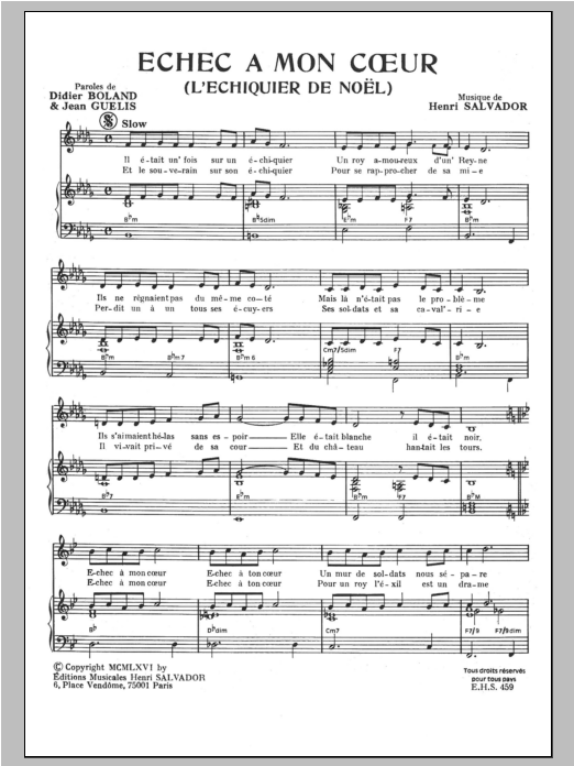 Henri Salvador Echec A Mon Coeur Sheet Music