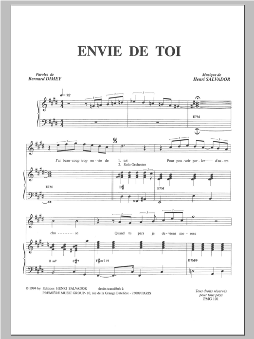 Henri Salvador Envie De Toi Sheet Music