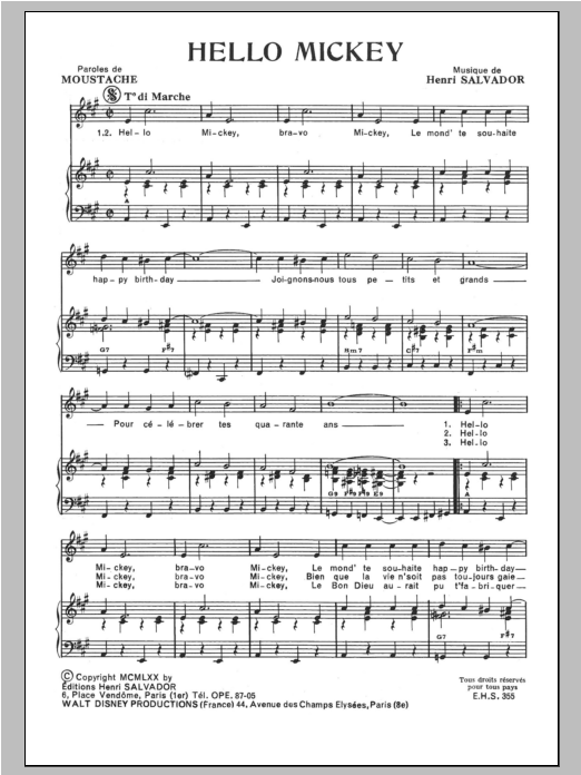 Henri Salvador Hello Mickey Sheet Music