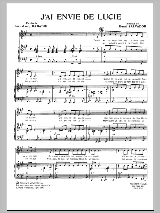 Henri Salvador J'ai Envie De Lucie Sheet Music