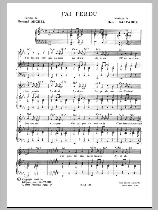 Henri Salvador J'ai Perdu Sheet Music